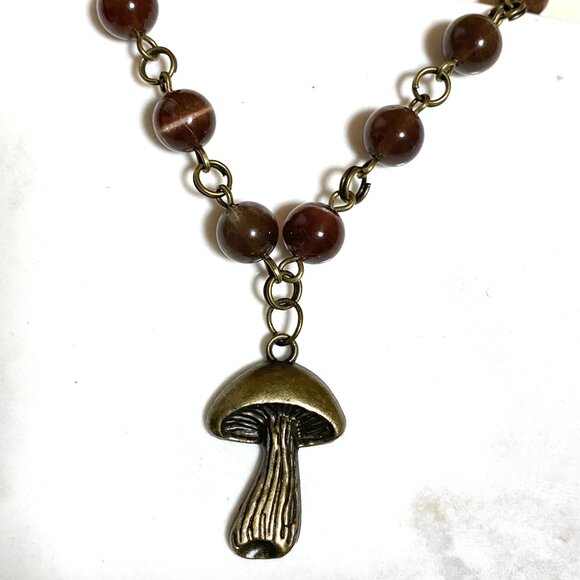 Cute Purple Cat's Eye Bronze Slim Mushroom Pendant Adjustable Choker - Picture 5 of 13